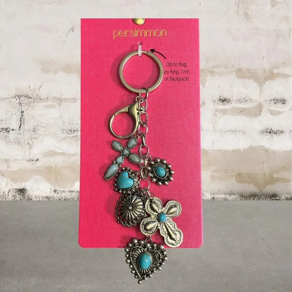 Persimmon Turquoise Silver Cross Keychain Charm NEW